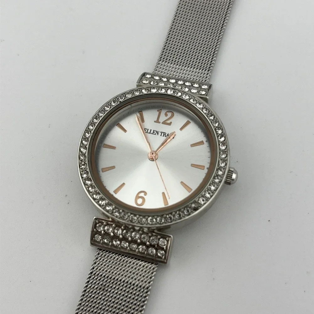 Ellen Tracy Watch Women 34mm Silver Case Crystals Mesh Metal Band- New‎ Battery